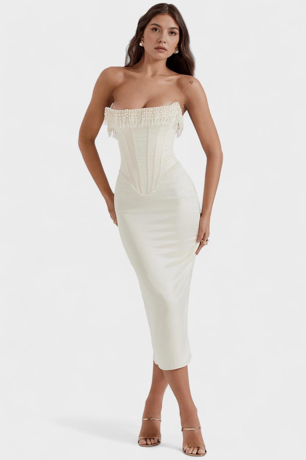 Sukienka midi damska – gorsetowa sukienka bez ramiączek z dopasowanym krojem | elegancka wieczorowa sukienka bodycon – Biały