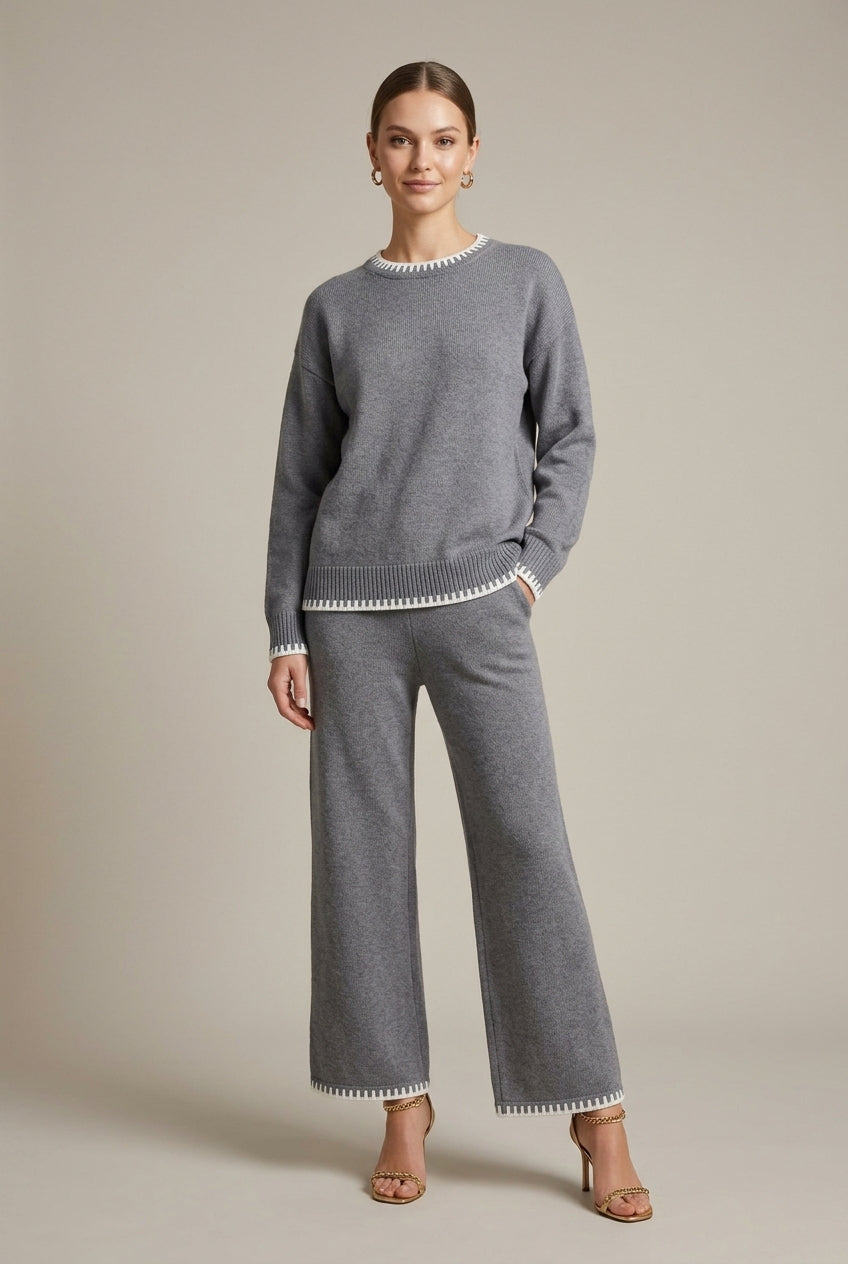 Dzianinowy zestaw loungewear damski – oversize sweter z szerokimi spodniami – Szary