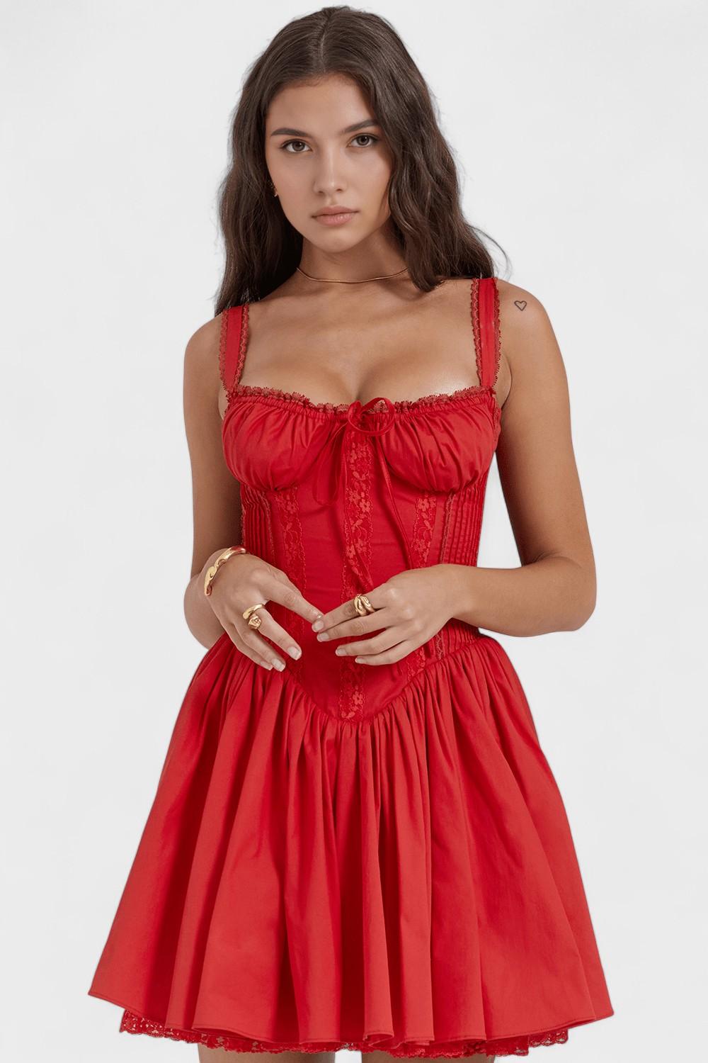 Sukienka mini Livia damska – dopasowana sukienka na ramiączkach z rozkloszowaną spódnicą | elegancka sukienka na imprezę – Czerwony