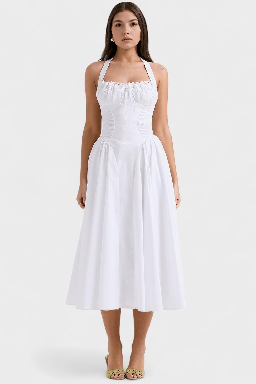 Sukienka midi damska – sukienka z dekoltem typu halter i plisowaną talią | elegancki, lekki krój – Biały