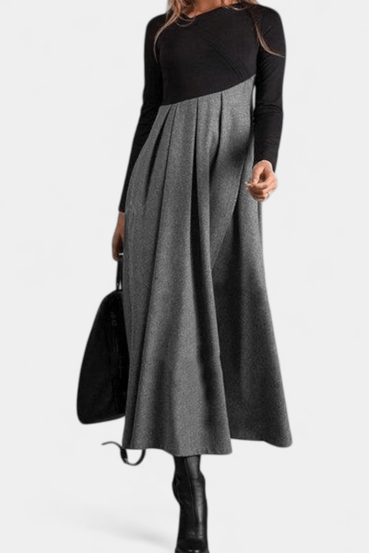 Sukienka maxi damska – długa sukienka z kontrastową spódnicą i długim rękawem | elegancki, lekki krój – Ciemnozielony