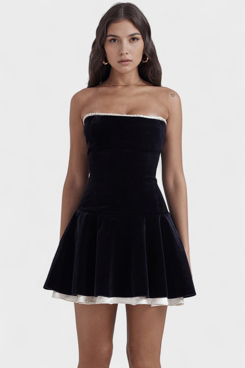 Sukienka mini Vivienne damska – rozkloszowana sukienka bez ramiączek | elegancka dopasowana sukienka na imprezę – Czarny