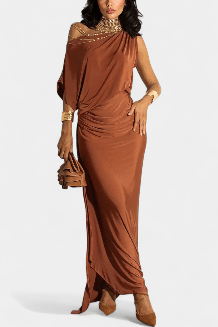 Sukienka maxi damska – asymetryczna długa sukienka z drapowanym krojem | elegancki taliowany fason – Brązowy