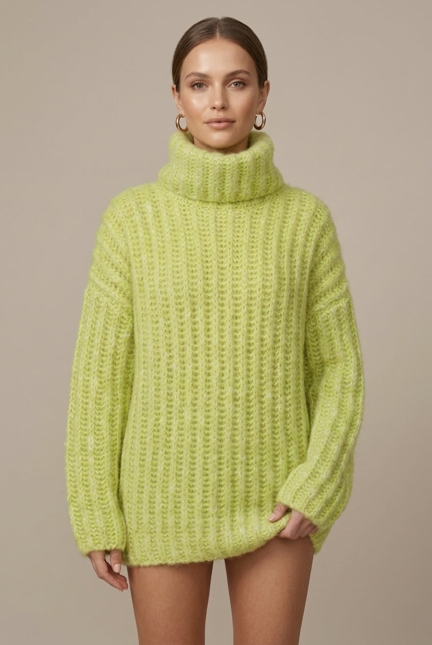 Oversizeowy Gruby Sweter z Golfem i Bufiastymi Rękawami – Jasnozielony