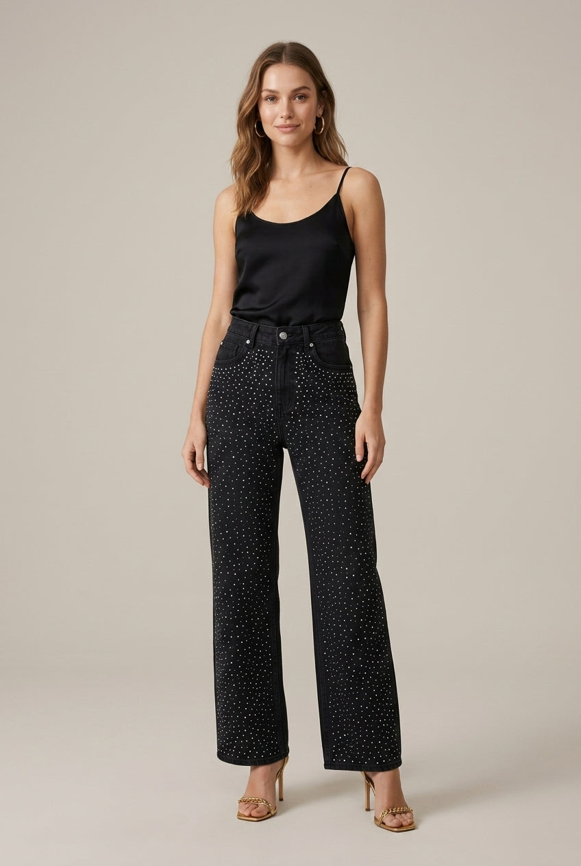 Czarne jeansy wide leg z wysokim stanem i cyrkoniami – Czarny