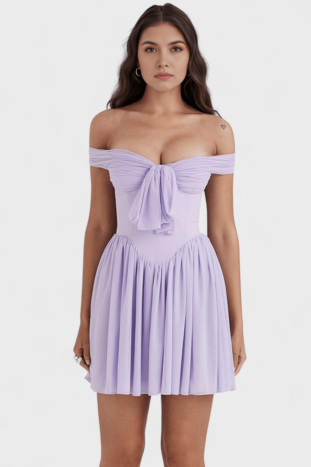 Isabella Mini sukienka damska – sukienka off shoulder z kokardą i rozkloszowaną spódnicą | elegancka sukienka imprezowa – Jasnofioletowy