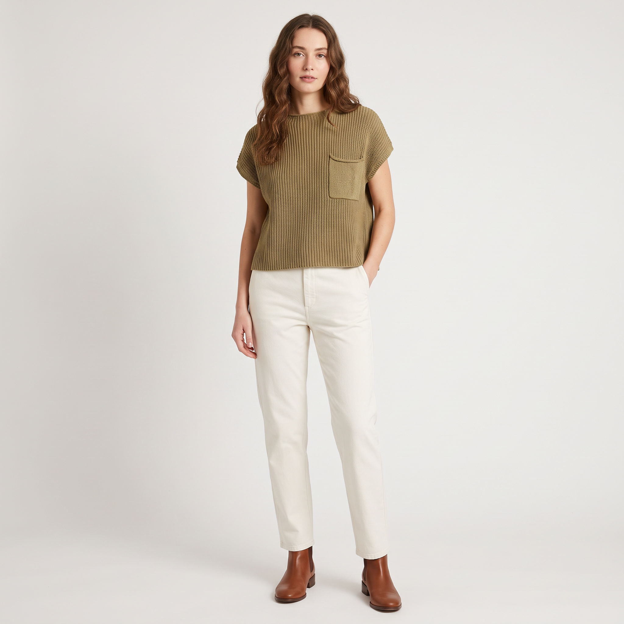 Tatiana – Dzianinowy Top z Krótkim Rękawem i Kieszonką – Khaki