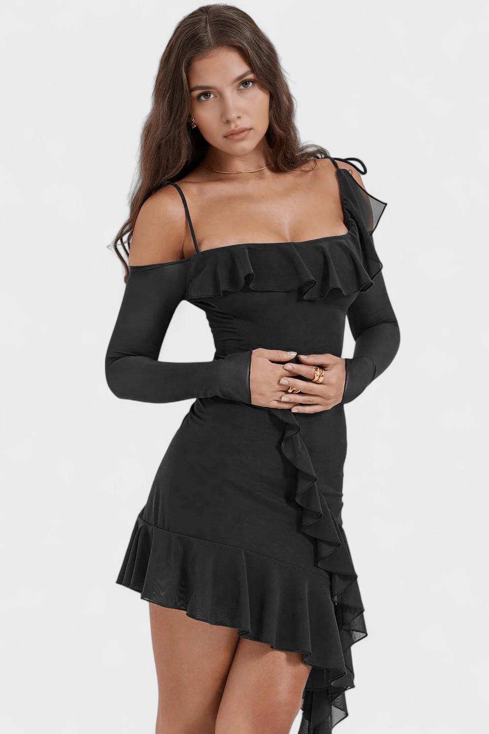 Sukienka mini Sienna damska – sukienka off shoulder z falbanami i asymetryczną spódnicą | elegancka sukienka imprezowa – Czarny