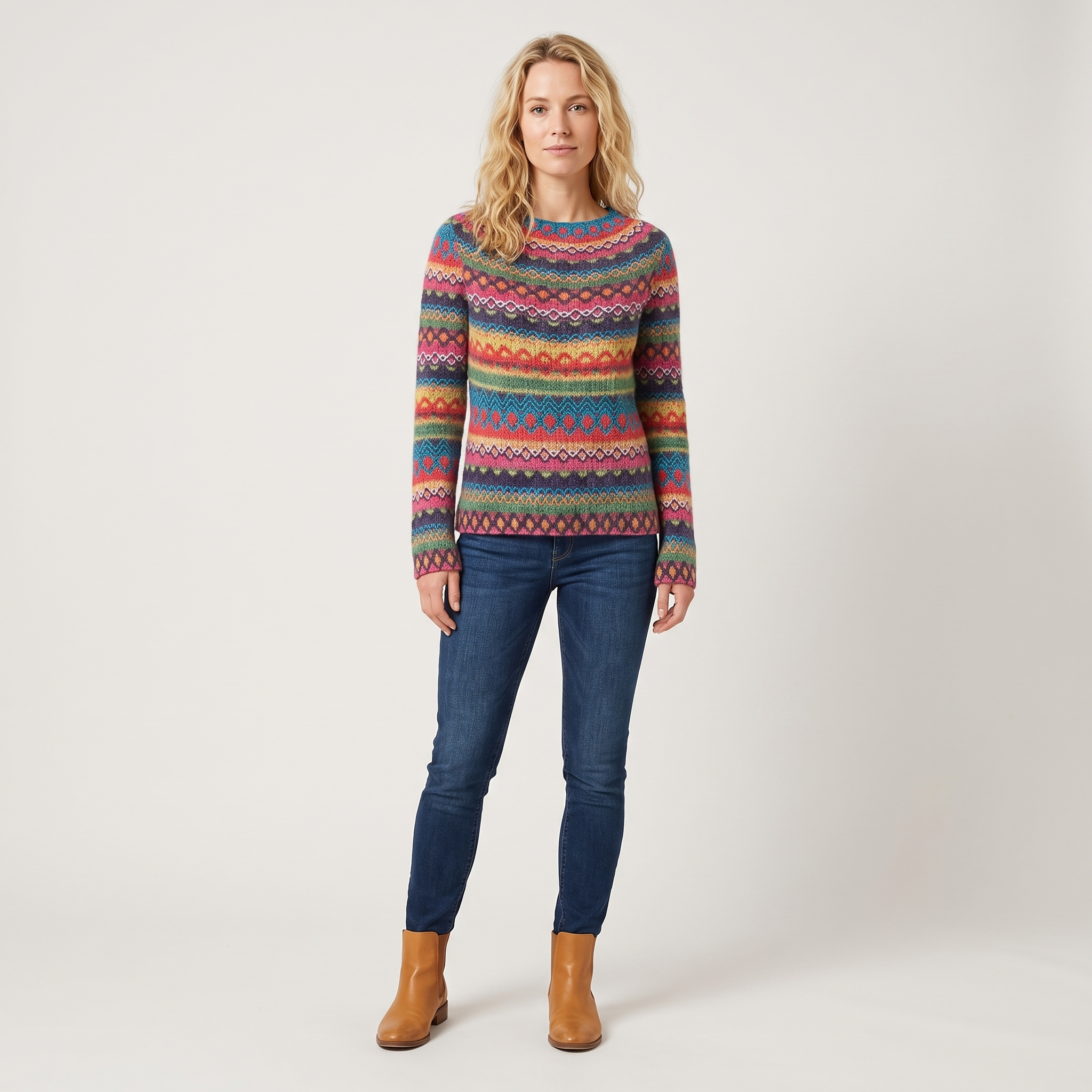 Damski sweter z dzianiny w kolorowe paski – Żółty