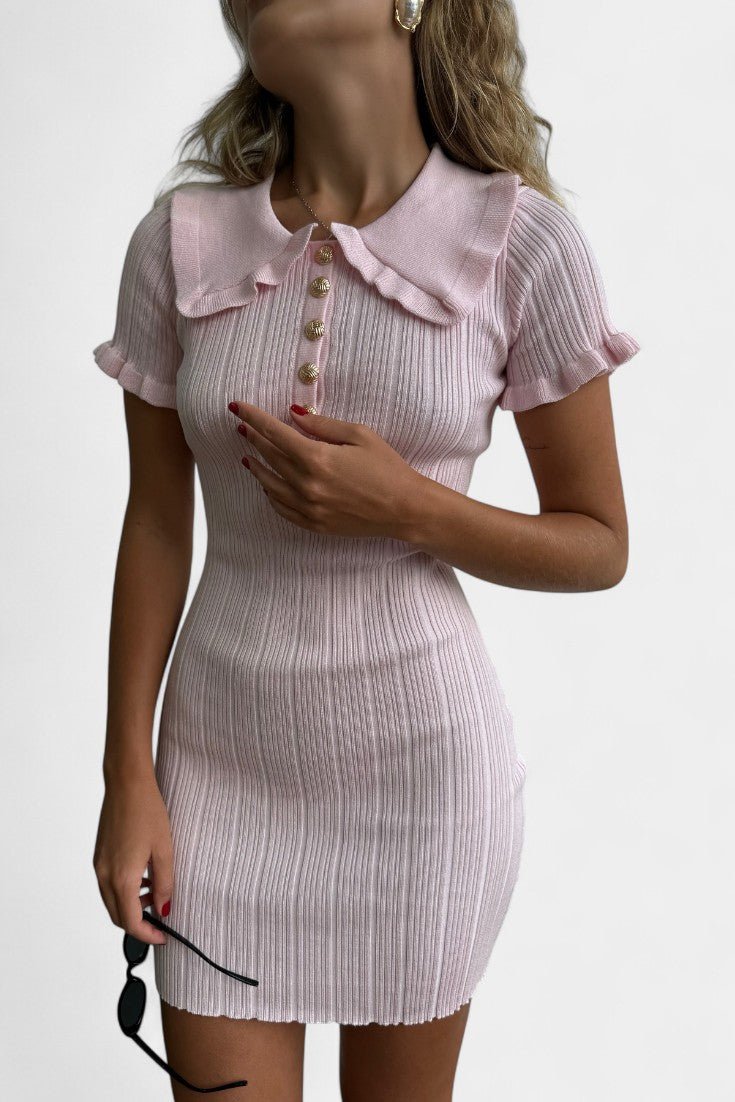 Sukienka mini damska – dopasowana sukienka z kołnierzykiem i guzikami | elegancki fason bodycon – Jasnoróżowy