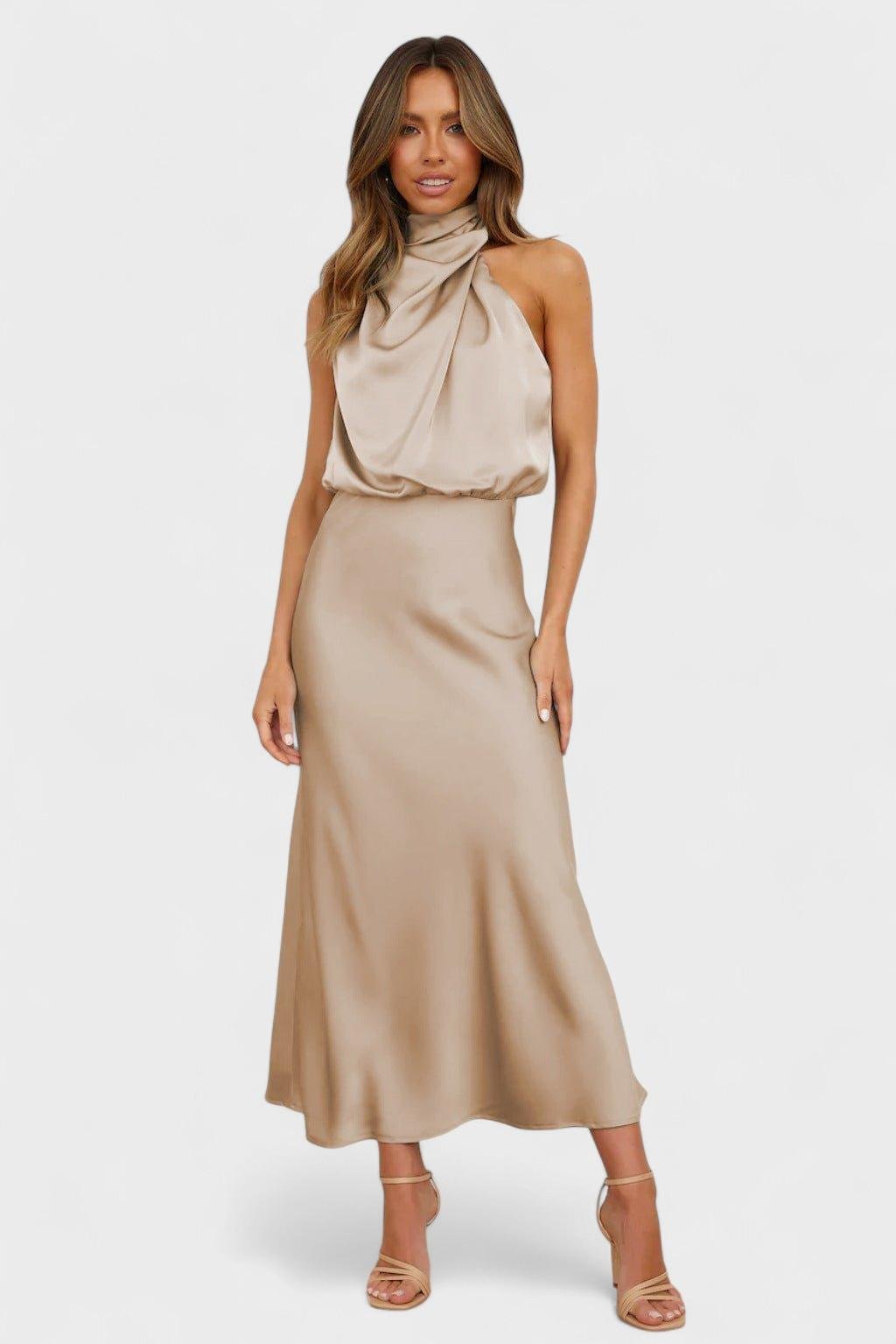 Sukienka maxi damska – satynowa sukienka z dekoltem typu halter, lejąca się | elegancka długa suknia wieczorowa – Khaki