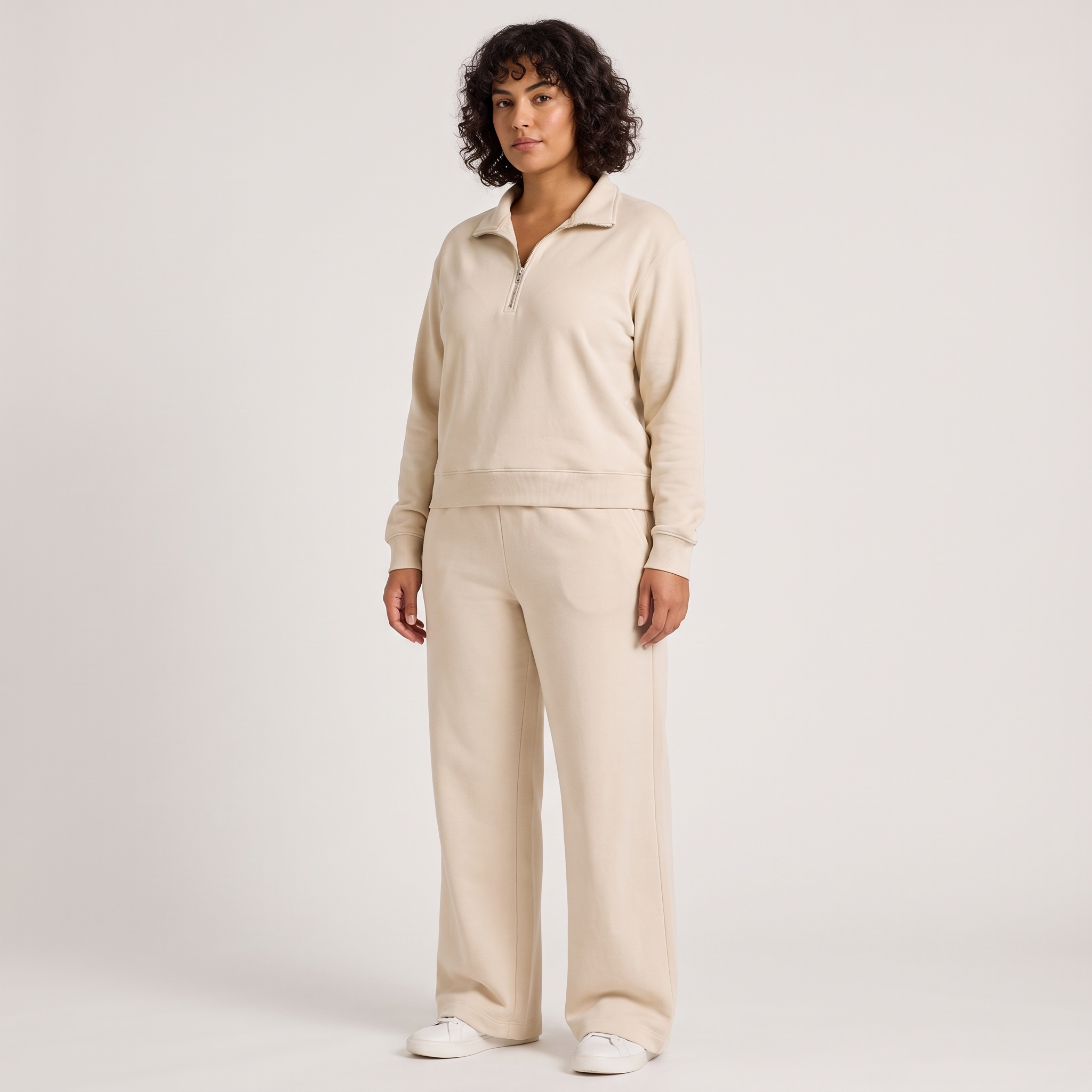Zestaw loungewear damski – bluza z krótkim zamkiem i spodnie wide leg – Beżowy (detail)