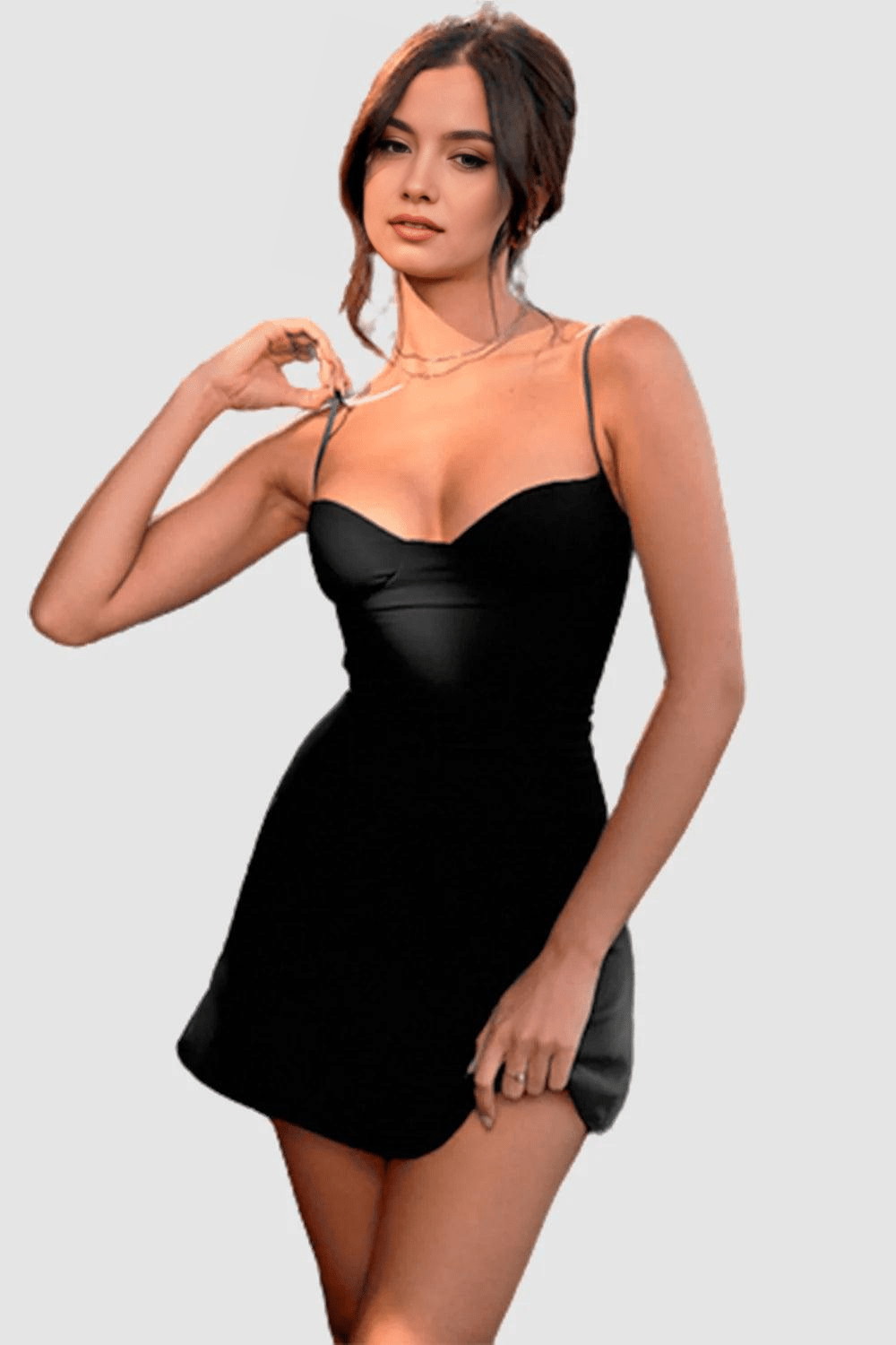 Sukienka mini Nina damska – dopasowana sukienka na ramiączkach spaghetti z rozkloszowaną spódnicą | elegancka sukienka imprezowa – Czarny