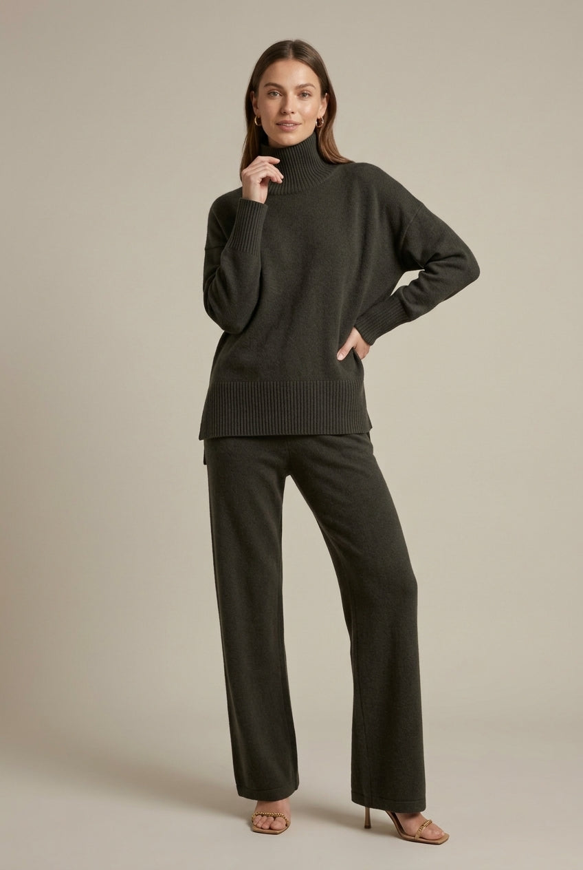 Dzianinowy dwuczęściowy komplet loungewear z golfem i szerokimi spodniami – Czarny