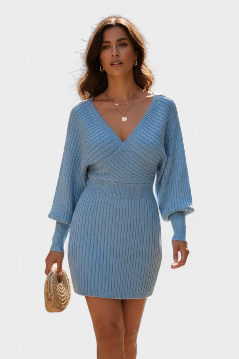 Sukienka mini Claire damska – kopertowa sukienka z dekoltem V i długim rękawem | elegancka sukienka na imprezę – Niebieski