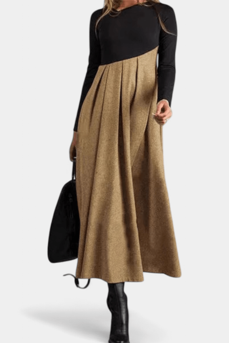Sukienka maxi damska – długa sukienka z kontrastową spódnicą i długim rękawem | elegancki, lekki krój – Khaki