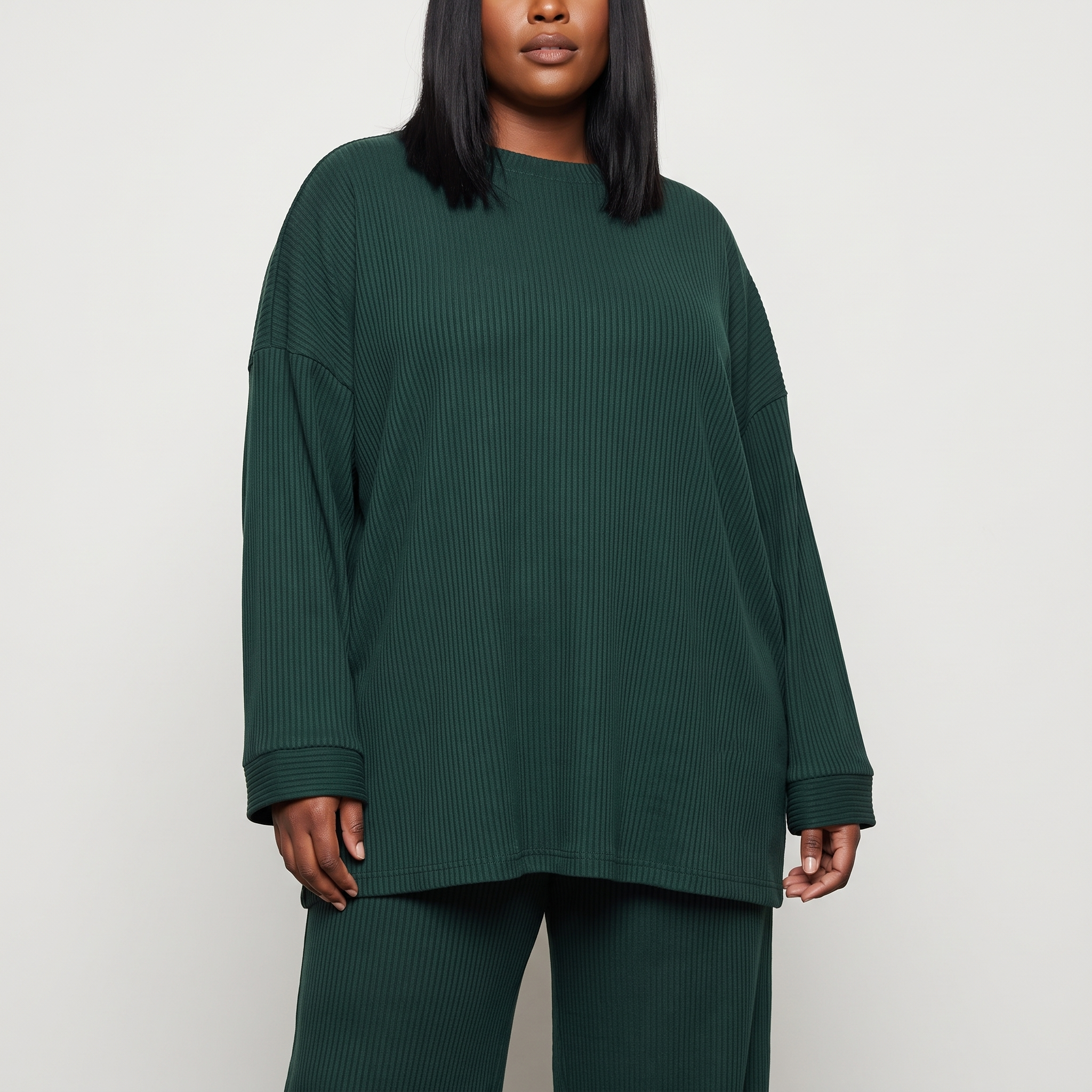 Ingrid Prążkowany Komplet Loungewear – Oversize Top i Szerokie Spodnie – Zielony (detail)