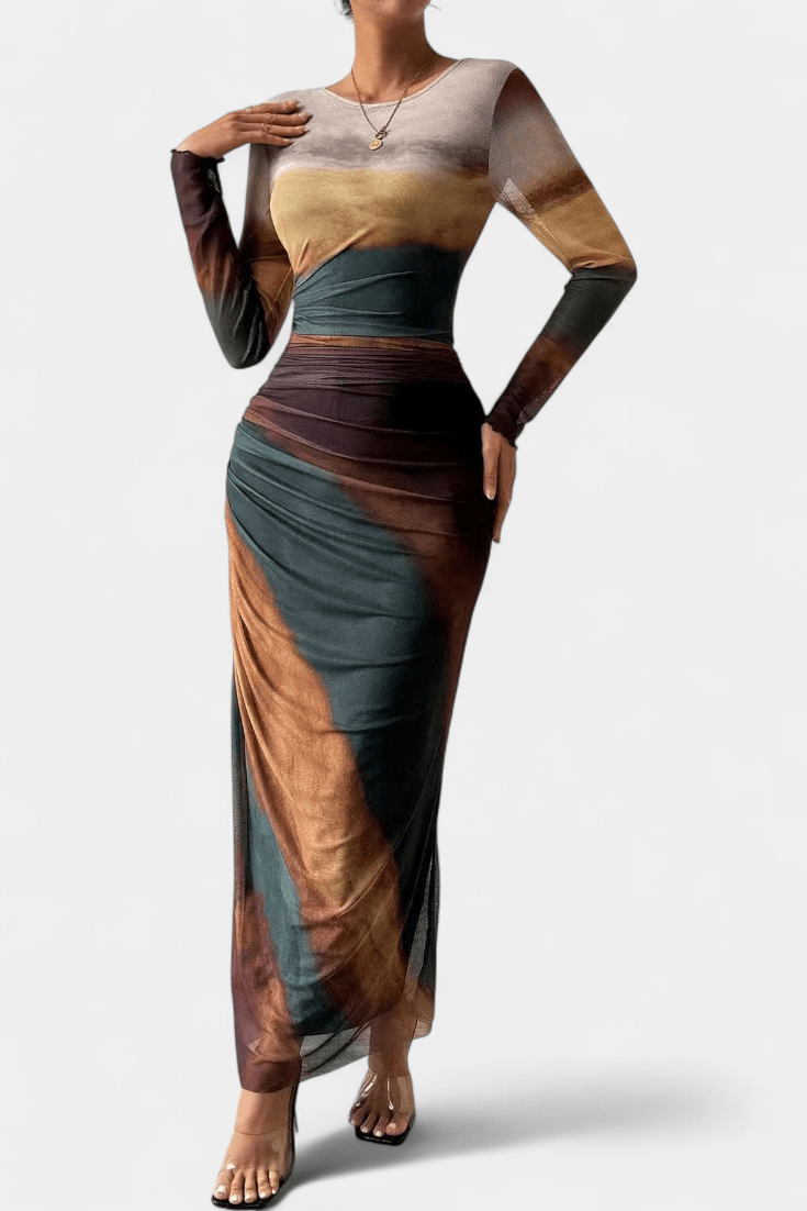 Sukienka maxi damska – długa, zwiewna sukienka letnia | elegancki casualowy krój – Brązowy / Niebieski