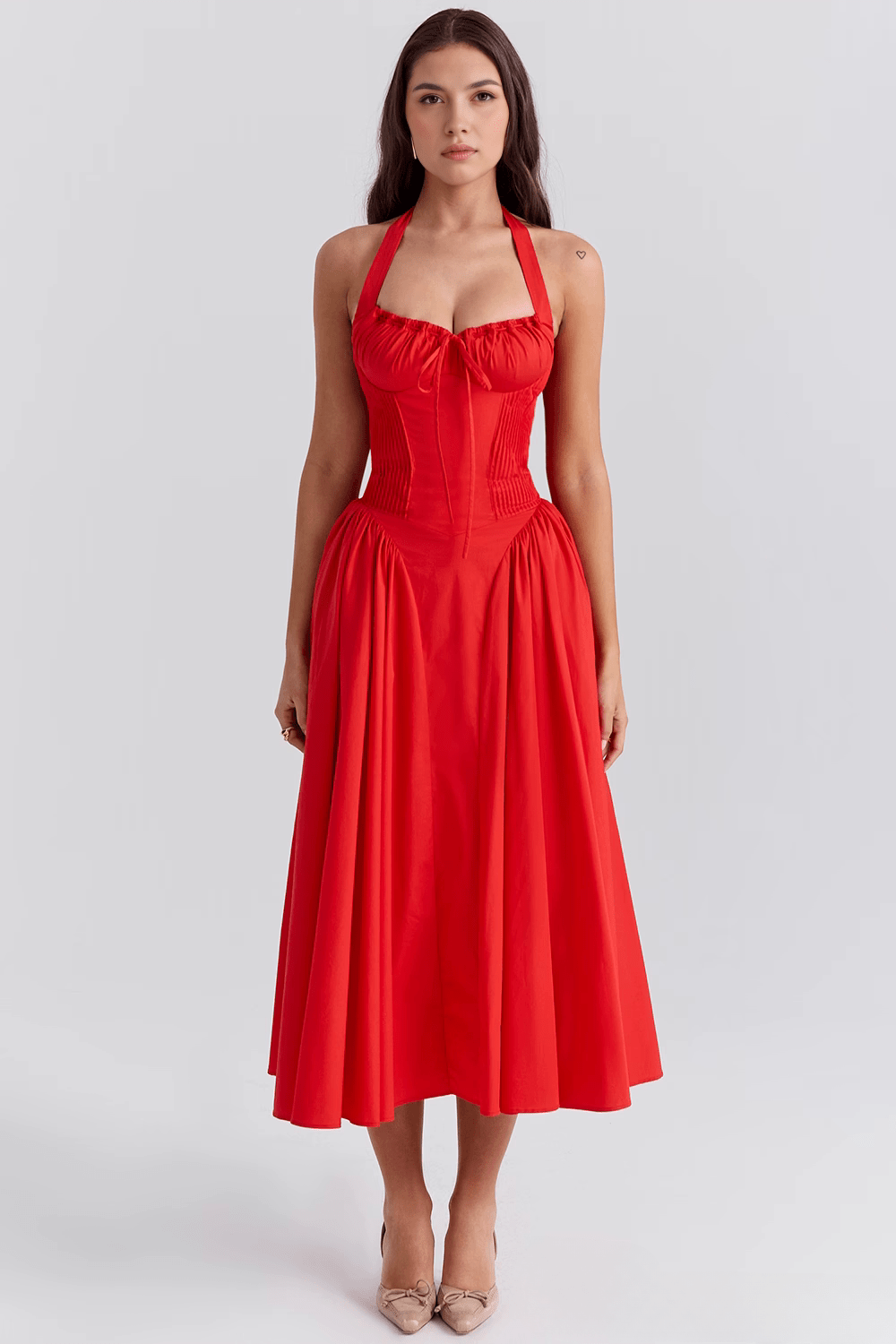 Sukienka midi damska – sukienka z dekoltem typu halter i plisowaną talią | elegancki, lekki krój – Czerwony