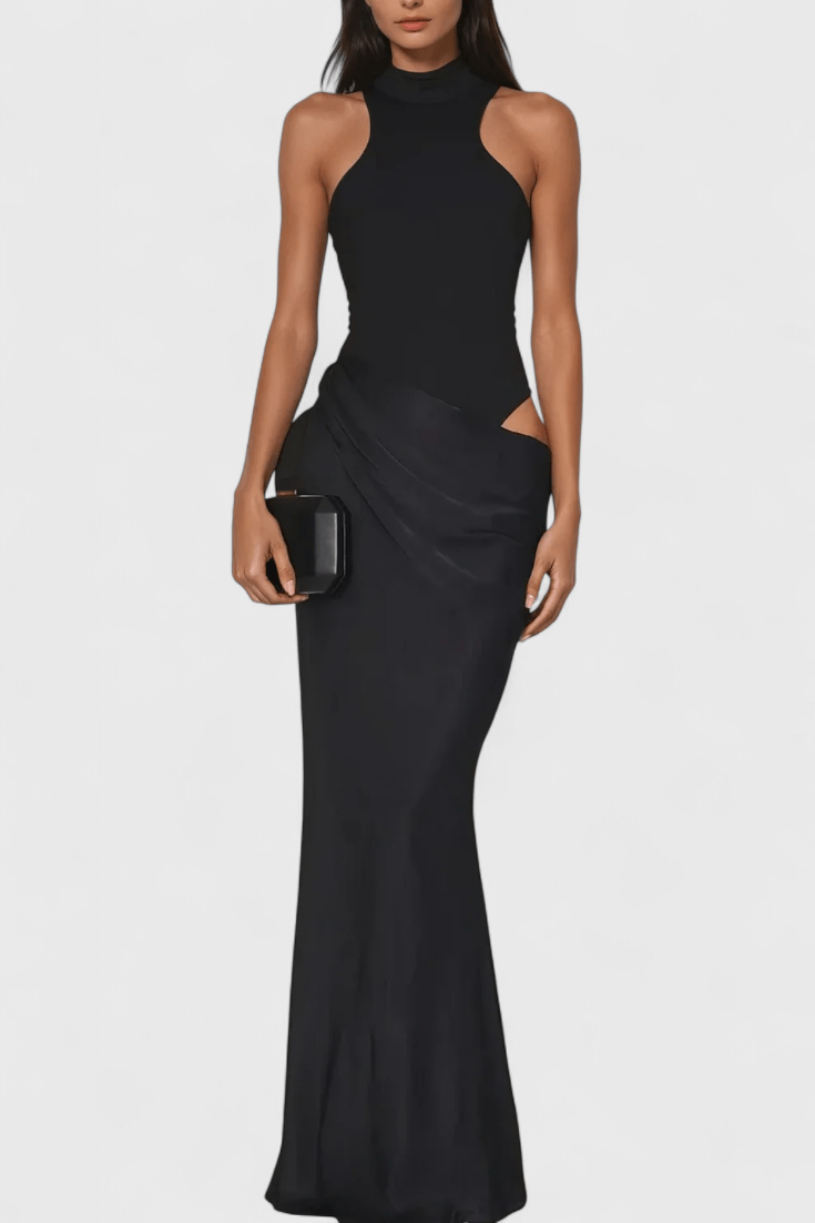 Sukienka maxi damska – długa sukienka halter z rozcięciem | elegancki taliowany krój – Czarny