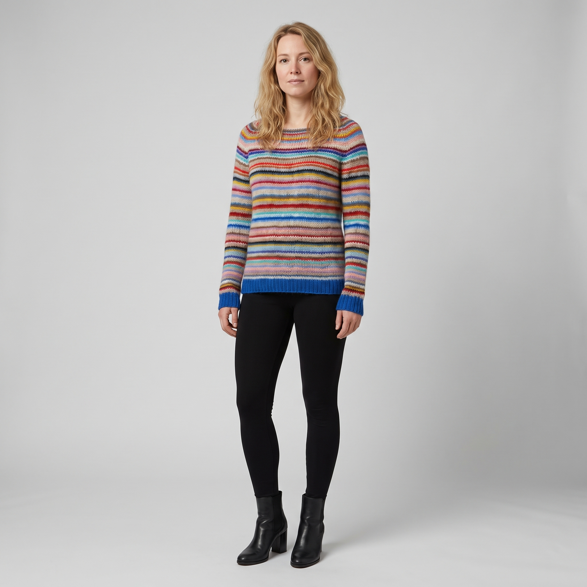 Damski sweter z dzianiny w kolorowe paski – Niebieski