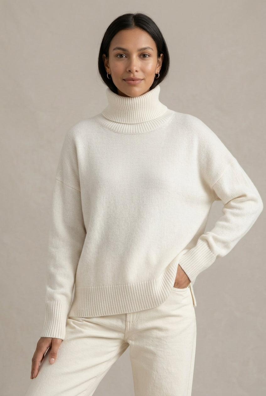 Oversizowy sweter golf z kaszmiru dla kobiet – Biały