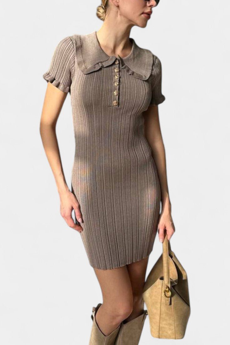 Sukienka mini damska – dopasowana sukienka z kołnierzykiem i guzikami | elegancki fason bodycon – Wielbłądzi