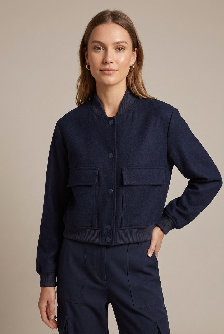 Lekka kurtka bomber damska – relaxed fit z zatrzaskami – Granatowy