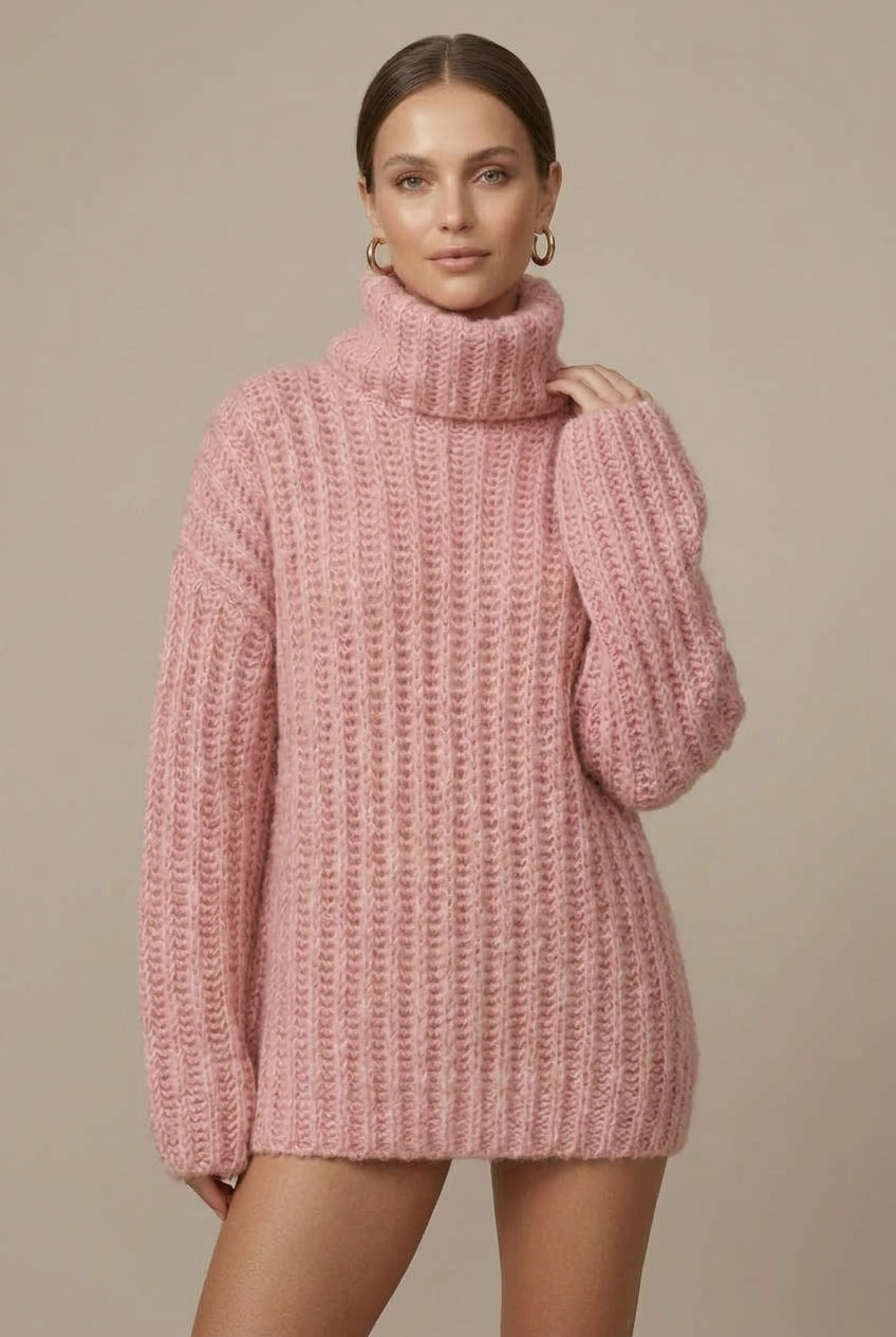 Oversizeowy Gruby Sweter z Golfem i Bufiastymi Rękawami – Różowy