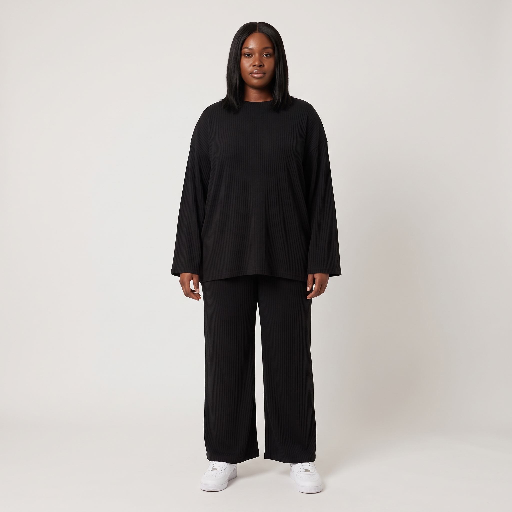 Ingrid Prążkowany Komplet Loungewear – Oversize Top i Szerokie Spodnie – Czarny