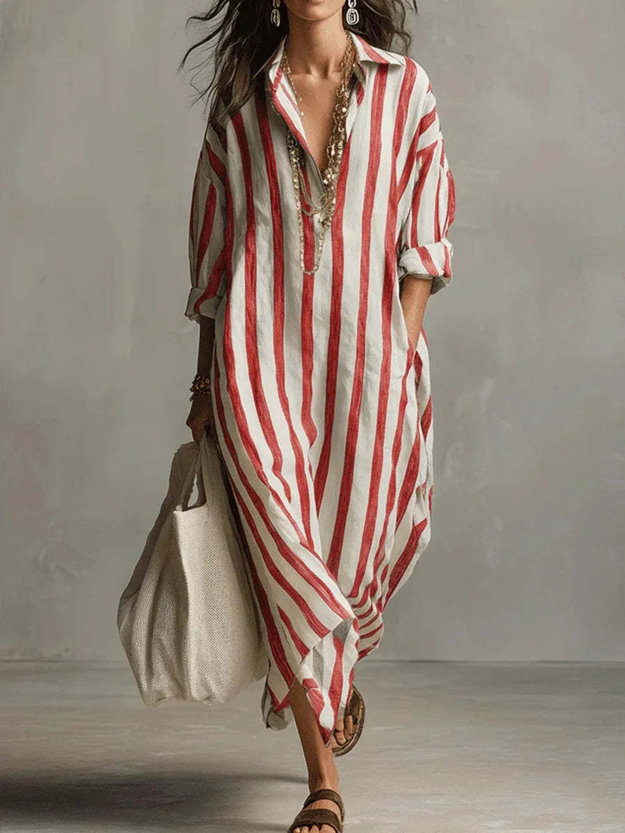 Noor Sukienka Koszulowa Maxi w Paski – Czerwony