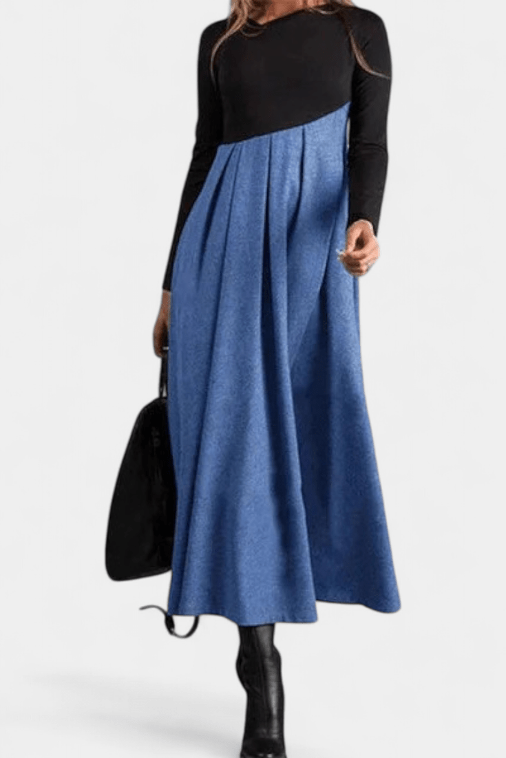 Sukienka maxi damska – długa sukienka z kontrastową spódnicą i długim rękawem | elegancki, lekki krój – Niebieski