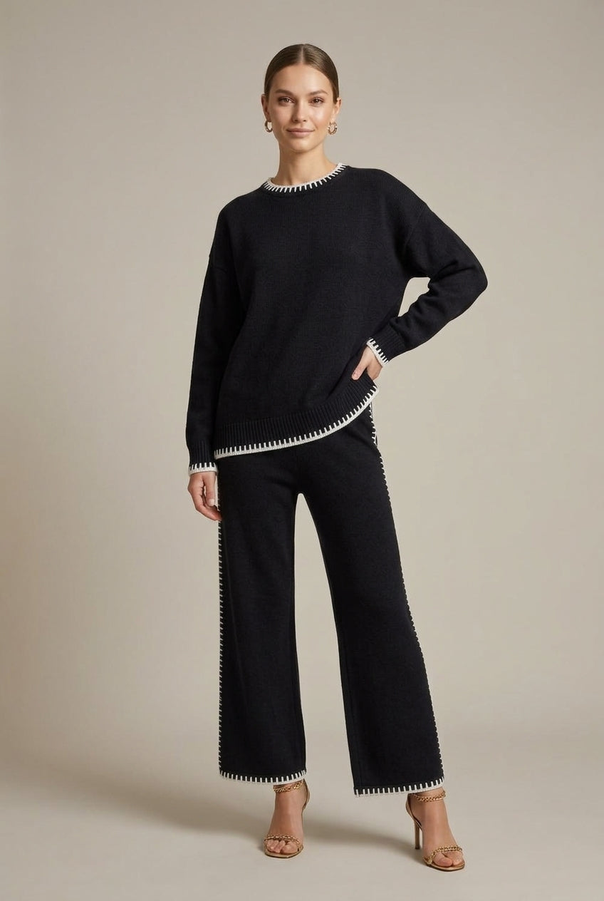 Dzianinowy zestaw loungewear damski – oversize sweter z szerokimi spodniami – Czarny