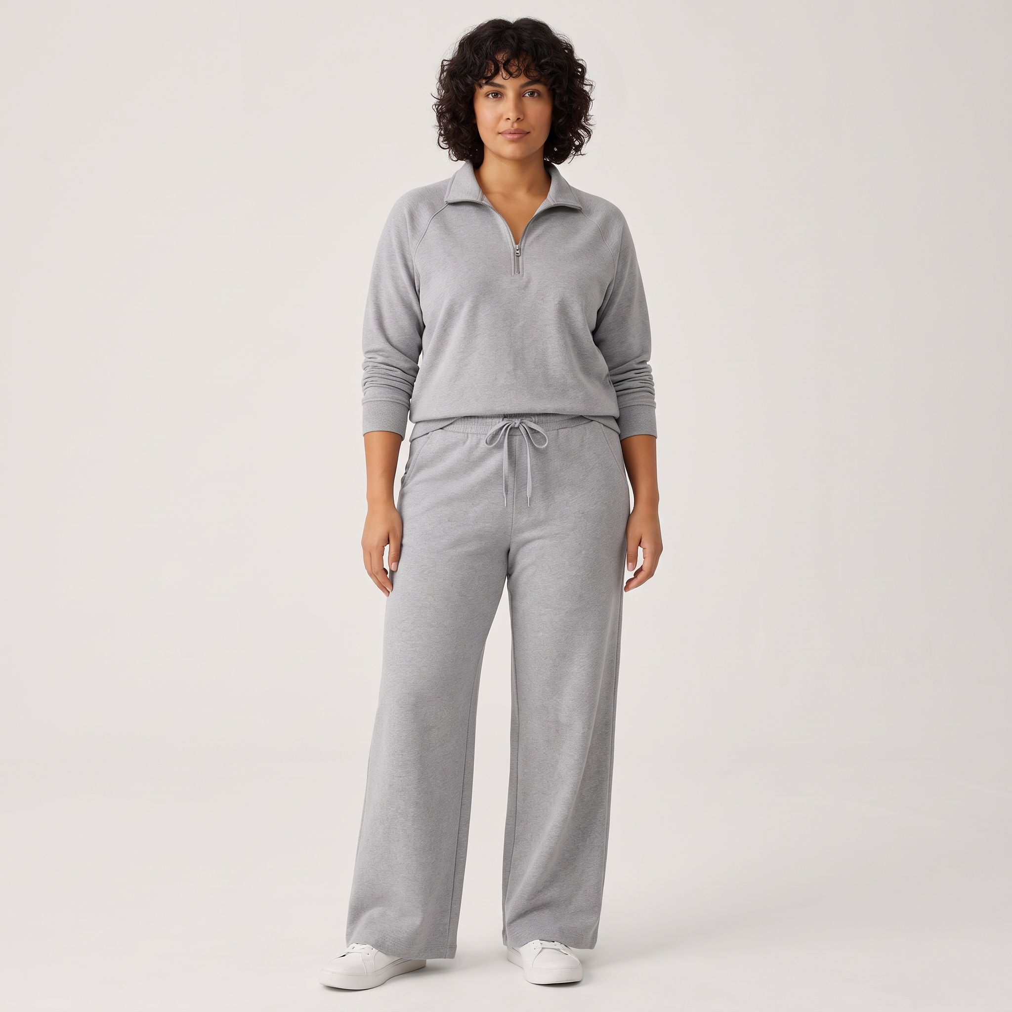 Zestaw loungewear damski – bluza z krótkim zamkiem i spodnie wide leg – Szary