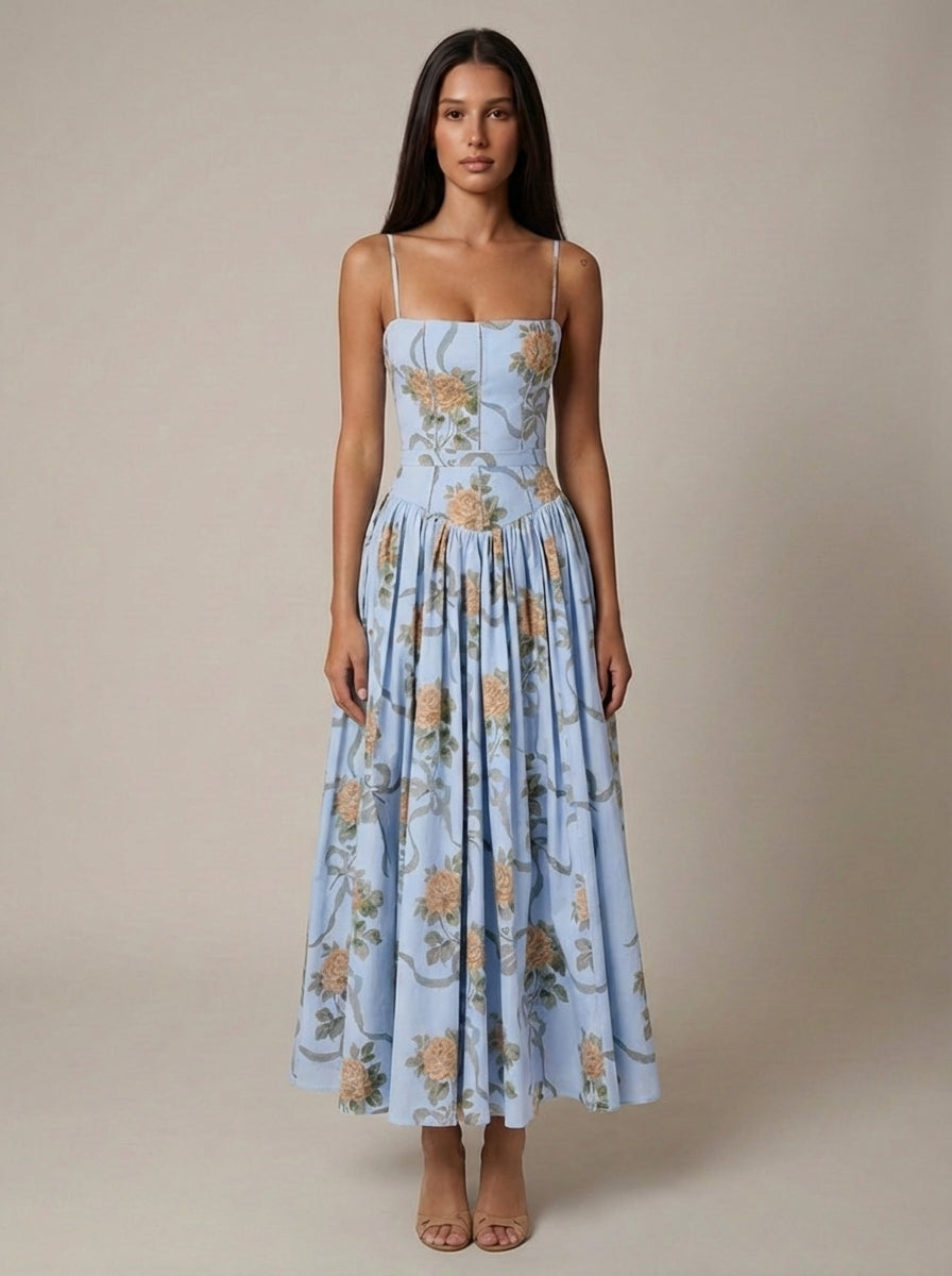 Esmee Sukienka Maxi w Kwiaty na Ramiączkach – Niebieski