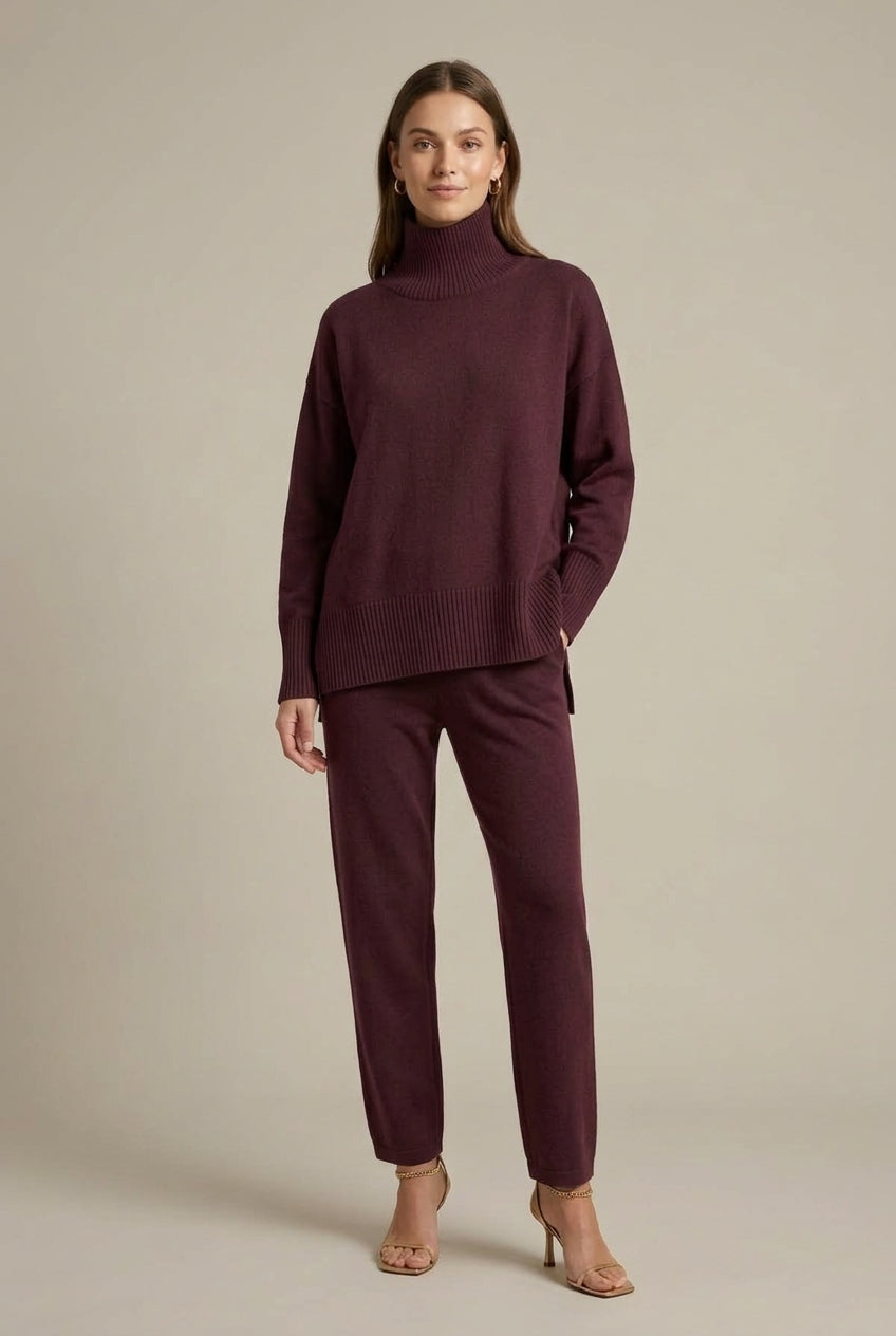 Dzianinowy dwuczęściowy komplet loungewear z golfem i szerokimi spodniami – Burgundy