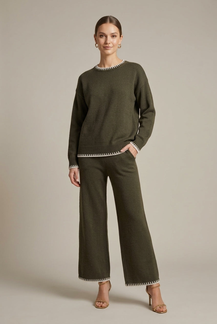 Dzianinowy zestaw loungewear damski – oversize sweter z szerokimi spodniami – Khaki