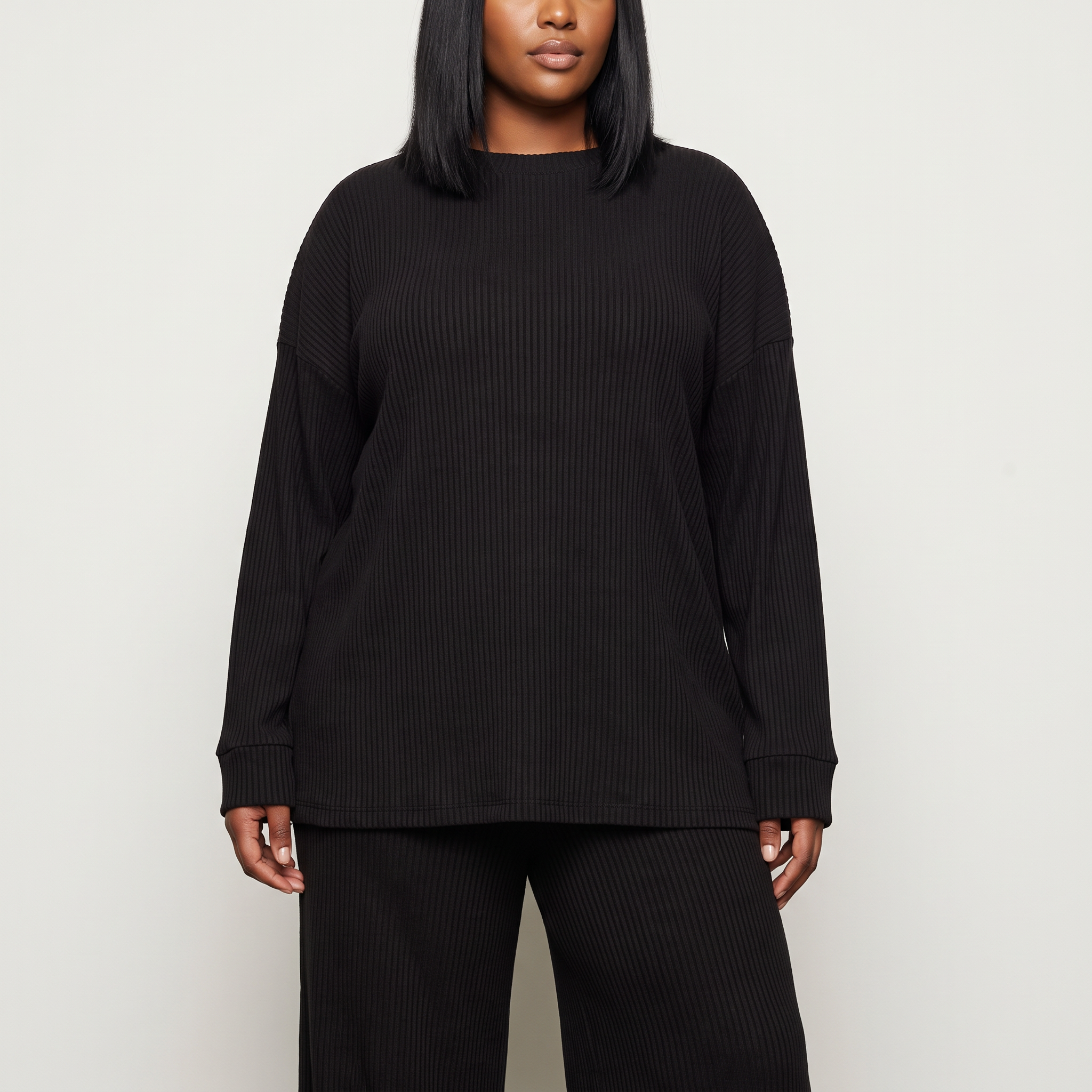 Ingrid Prążkowany Komplet Loungewear – Oversize Top i Szerokie Spodnie – Czarny (detail)