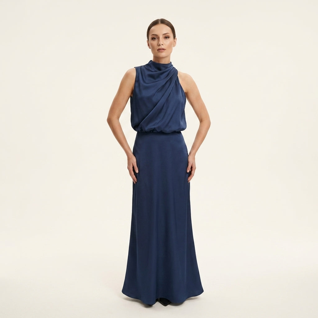 Sukienka Maxi Sofie z Drapowanym Golfem – Granatowy