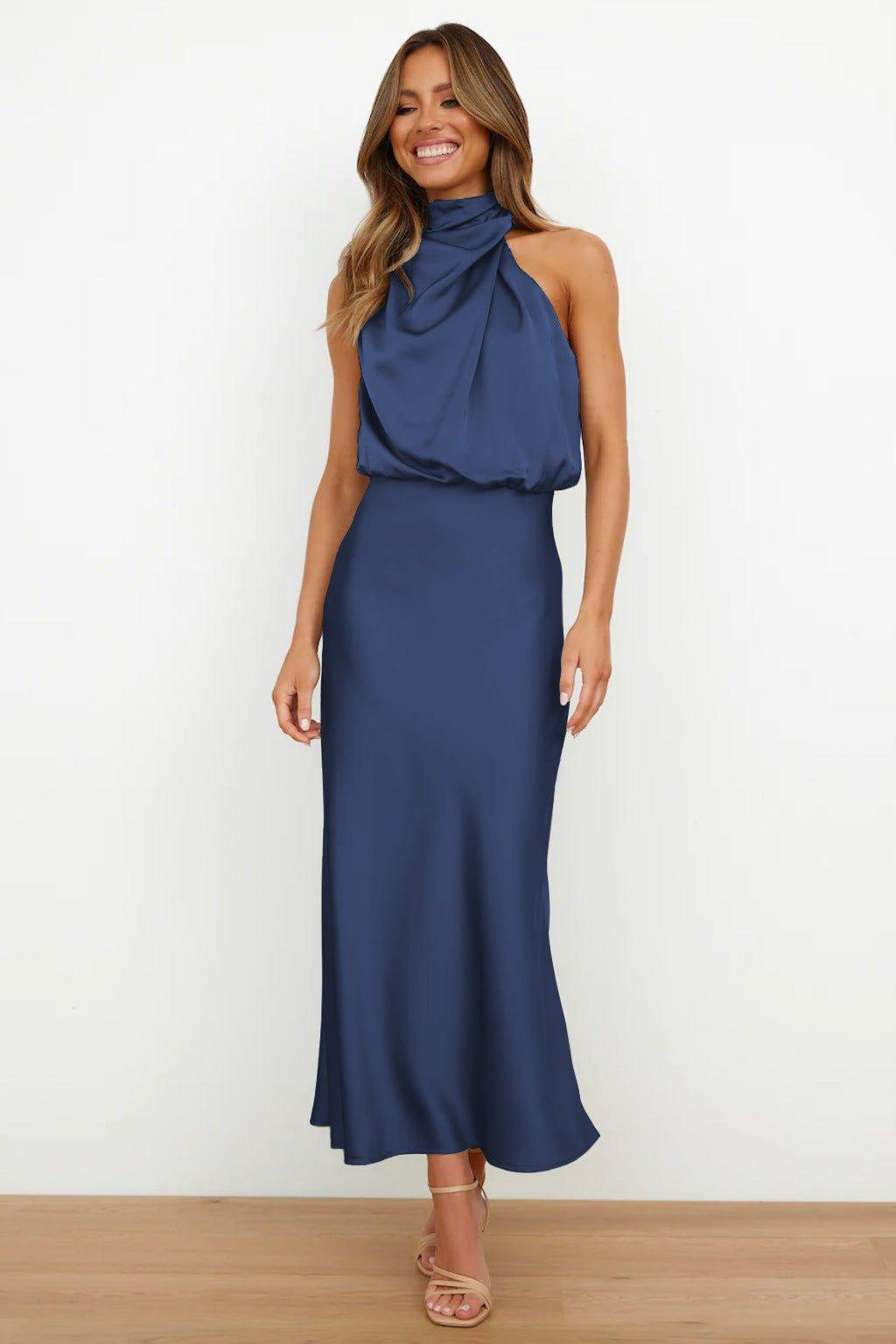 Sukienka maxi damska – satynowa sukienka z dekoltem typu halter, lejąca się | elegancka długa suknia wieczorowa – Granatowy