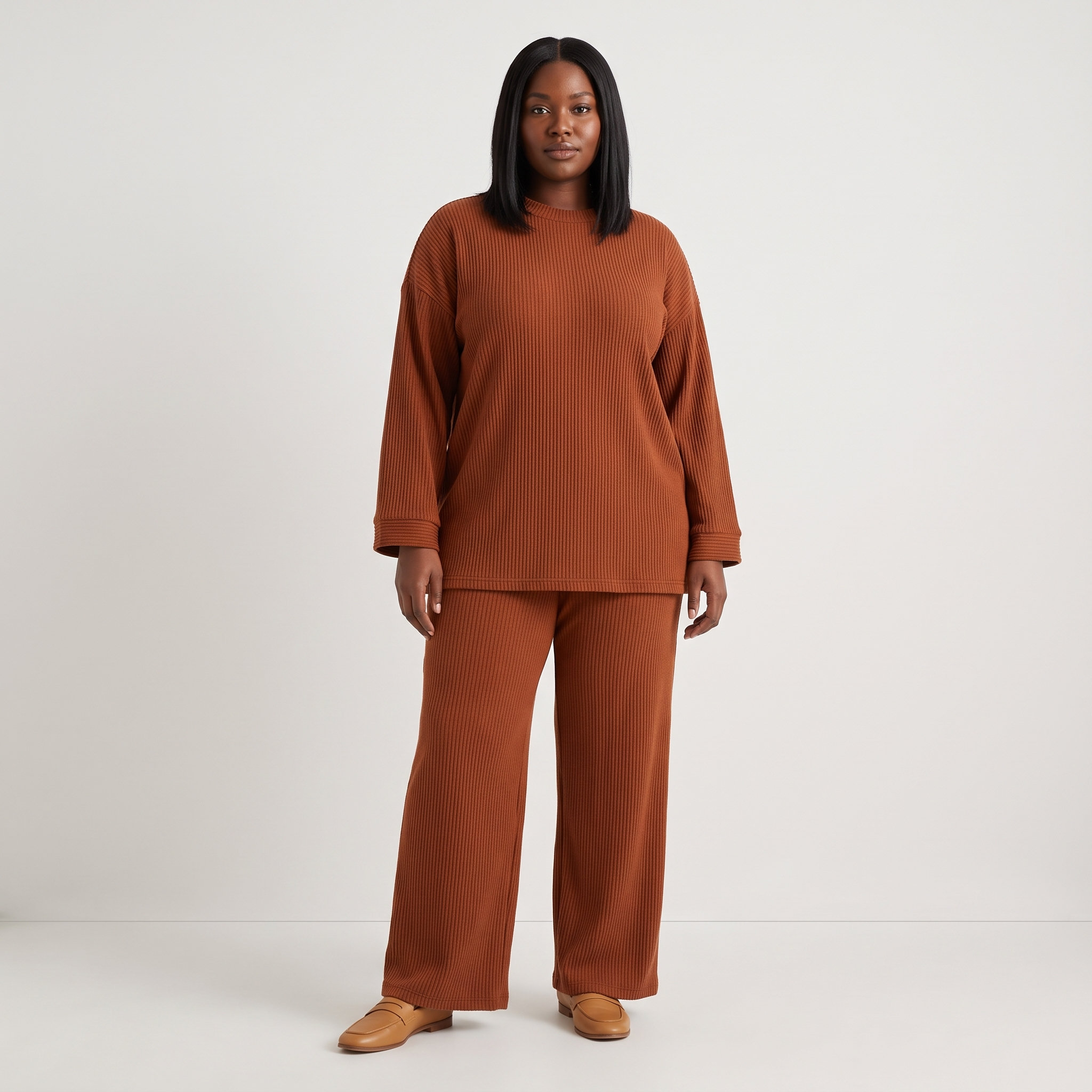 Ingrid Prążkowany Komplet Loungewear – Oversize Top i Szerokie Spodnie – Pomarańczowy
