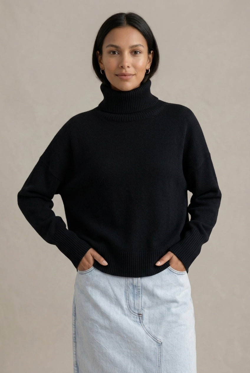 Oversizowy sweter golf z kaszmiru dla kobiet – Czarny
