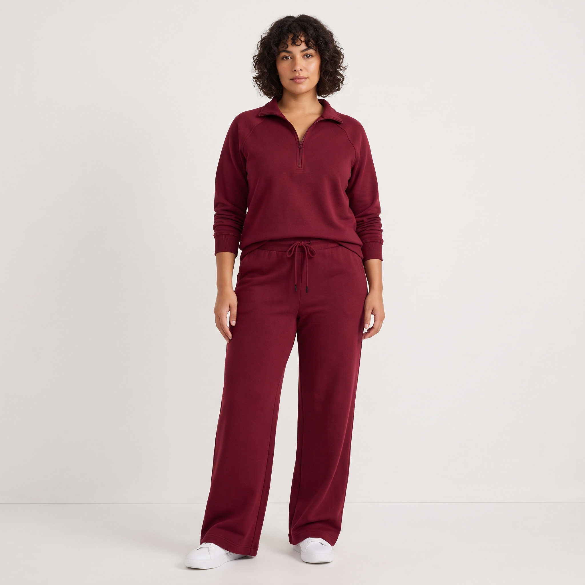 Zestaw loungewear damski – bluza z krótkim zamkiem i spodnie wide leg – Bordowy
