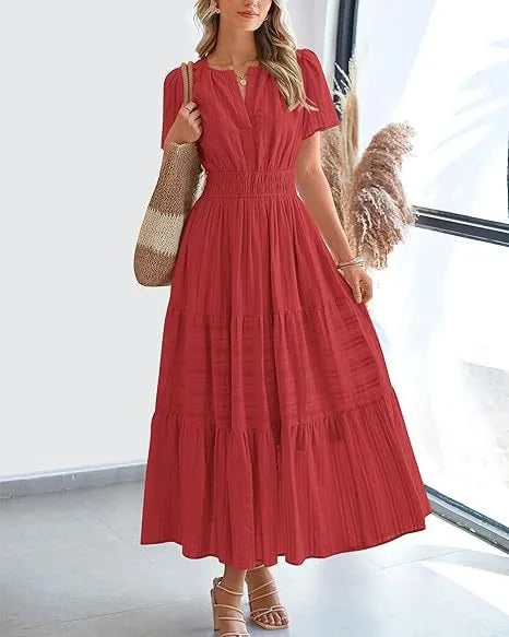 Sukienka maxi Lotte z plisowaną spódnicą i dekoltem V – Czerwony