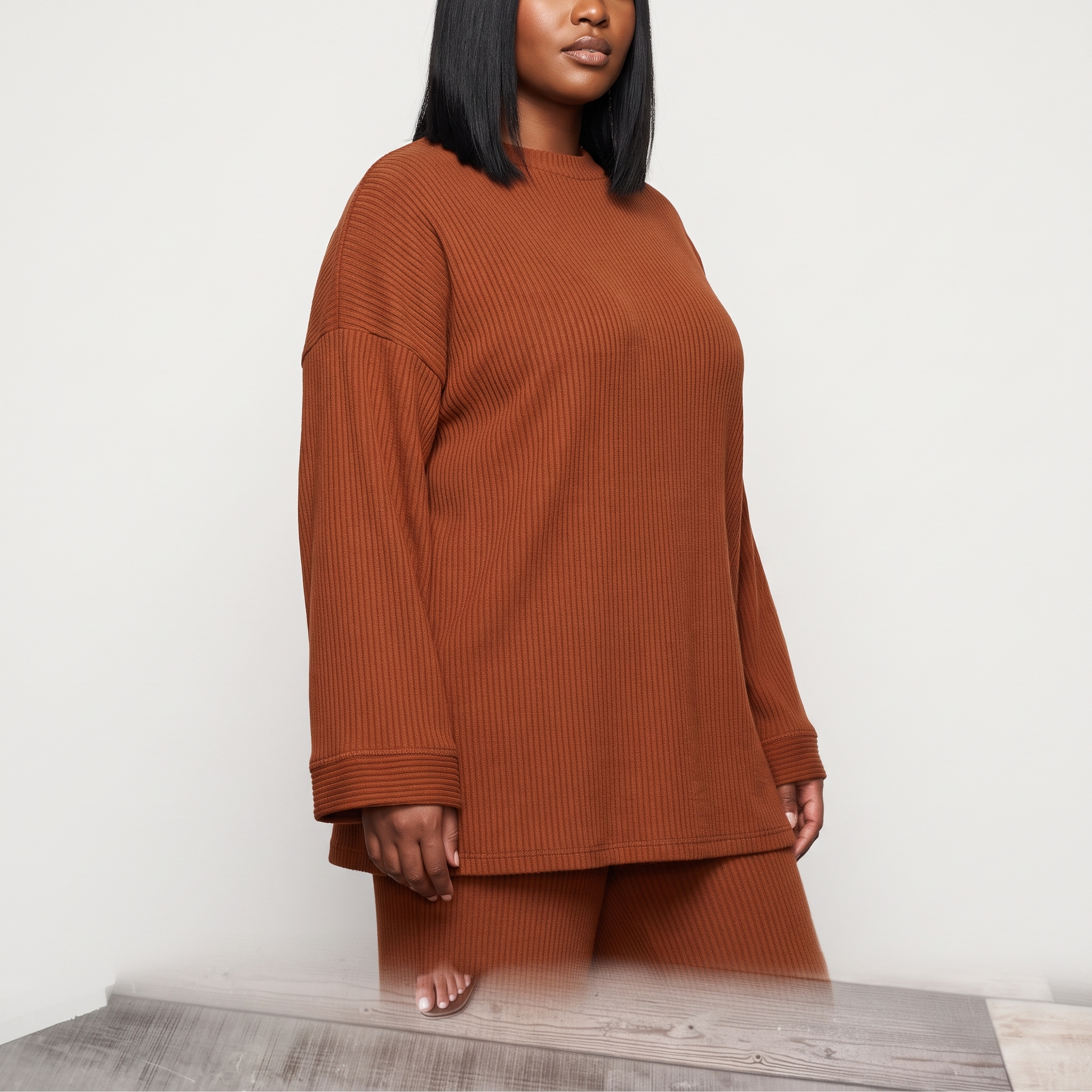 Ingrid Prążkowany Komplet Loungewear – Oversize Top i Szerokie Spodnie – Pomarańczowy (detail)