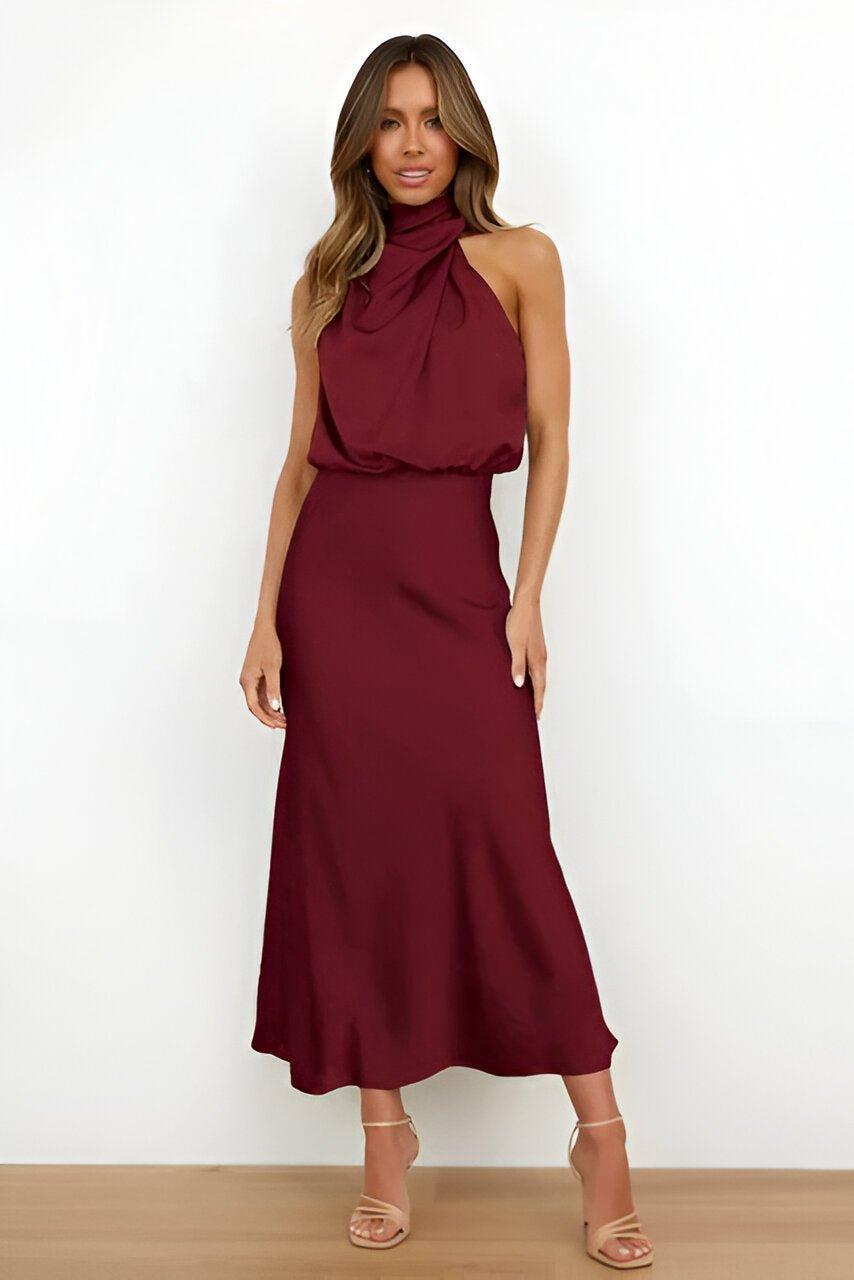 Sukienka maxi damska – satynowa sukienka z dekoltem typu halter, lejąca się | elegancka długa suknia wieczorowa – Bordowy