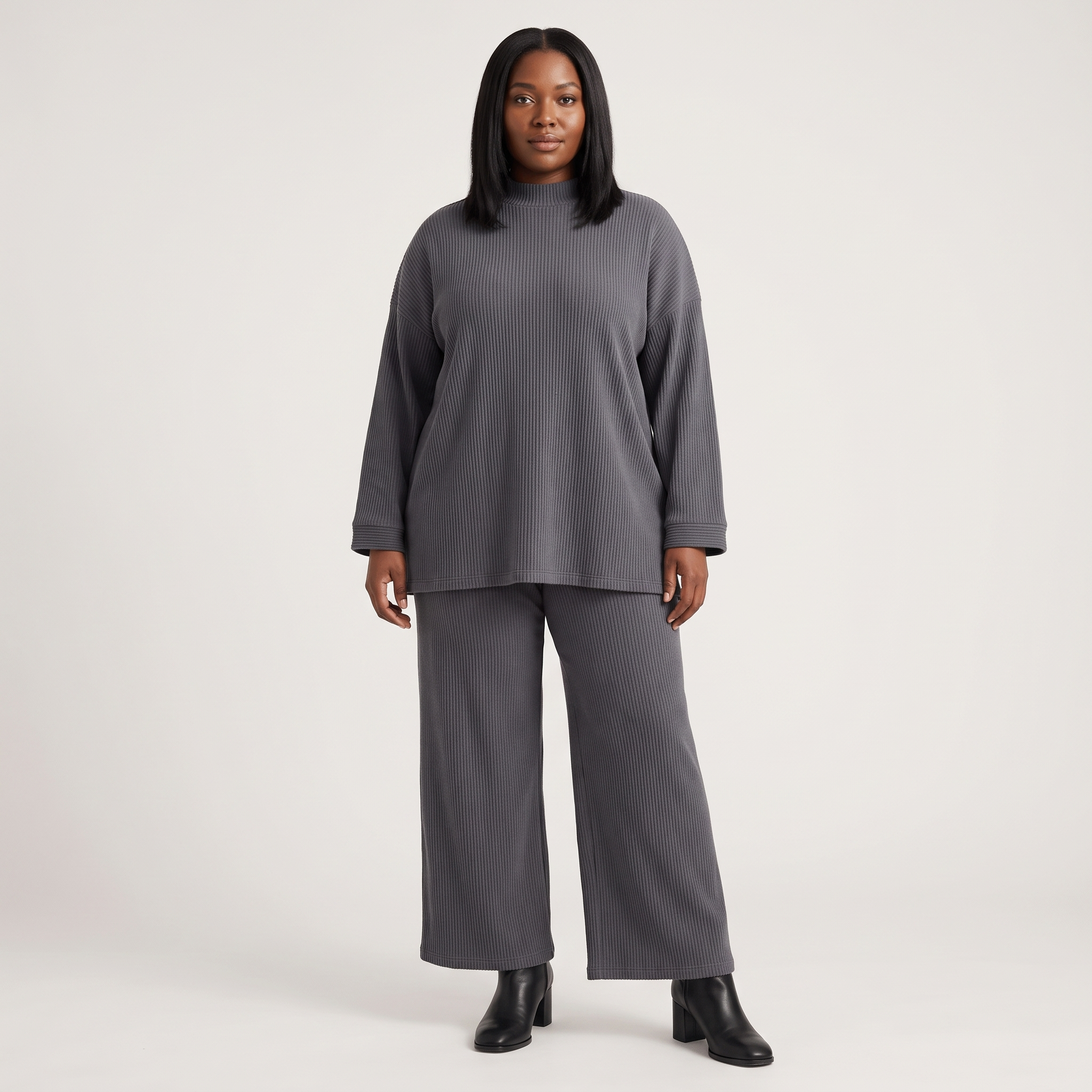 Ingrid Prążkowany Komplet Loungewear – Oversize Top i Szerokie Spodnie – Niebieski