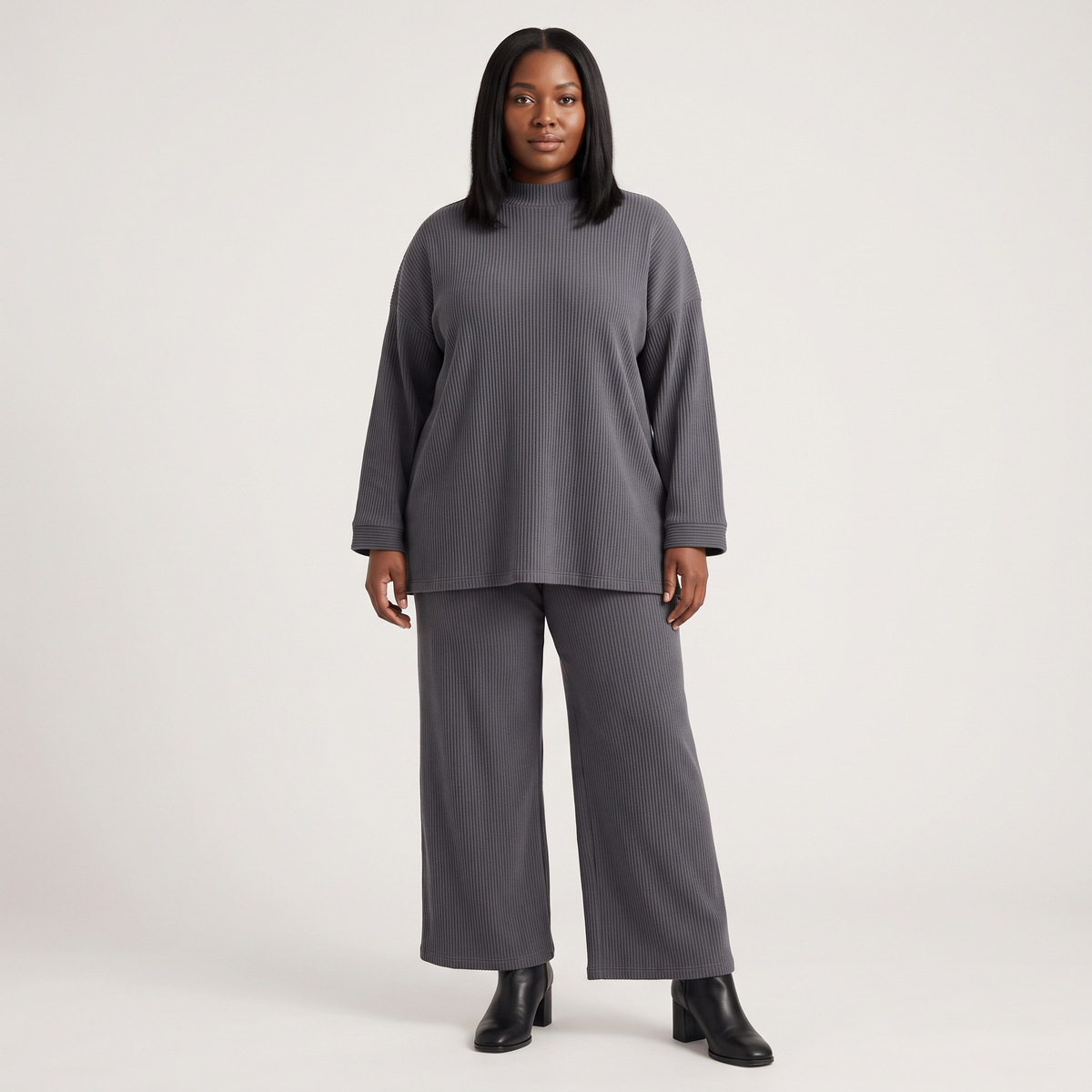 Ingrid Prążkowany Komplet Loungewear – Oversize Top i Szerokie Spodnie – Niebieski