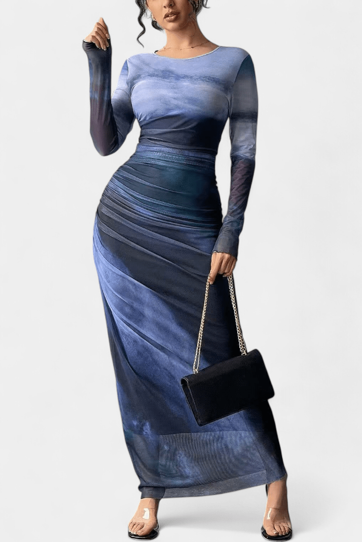 Sukienka maxi damska – długa, zwiewna sukienka letnia | elegancki casualowy krój – Szaroniebieski