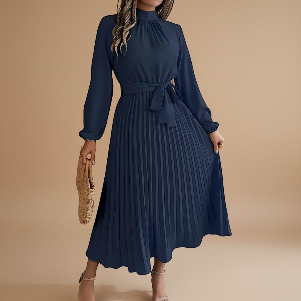 Noor Plisowana Sukienka Maxi z Paskiem – Granatowy